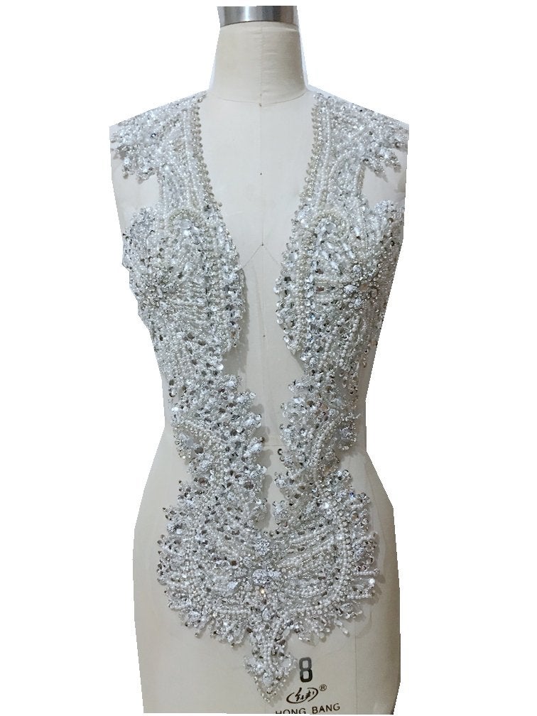 Zbroh 100% Pure Hand Sewing Rhinestones Sequins Applique on White mesh Silver Crystals Patches Wedding Dress Accessory 67x43 Cm - Image 1